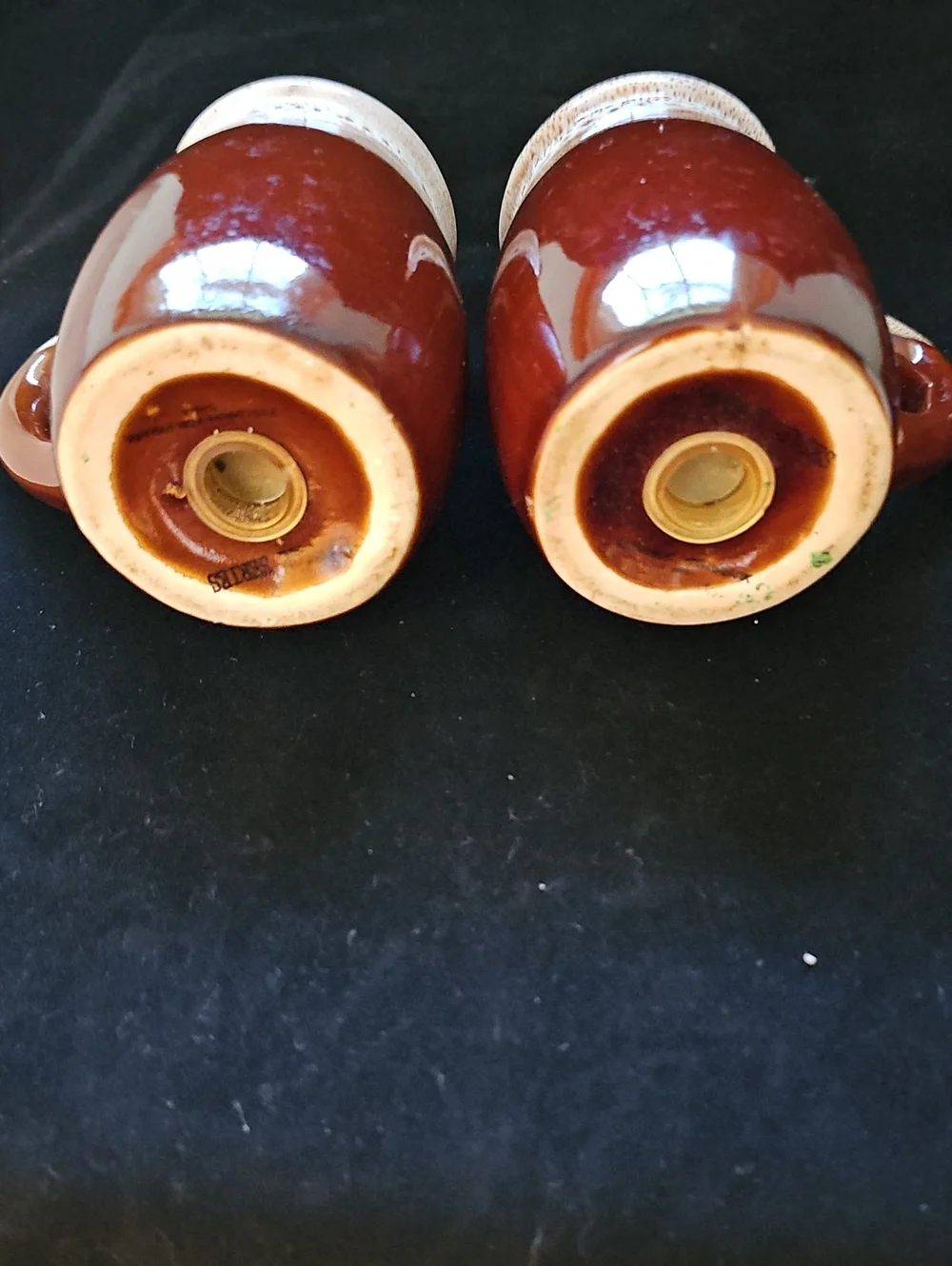 Vintage Brown And Cream Ceramic Salt / Pepper Shaker Mugs with Cream Drip Glaze